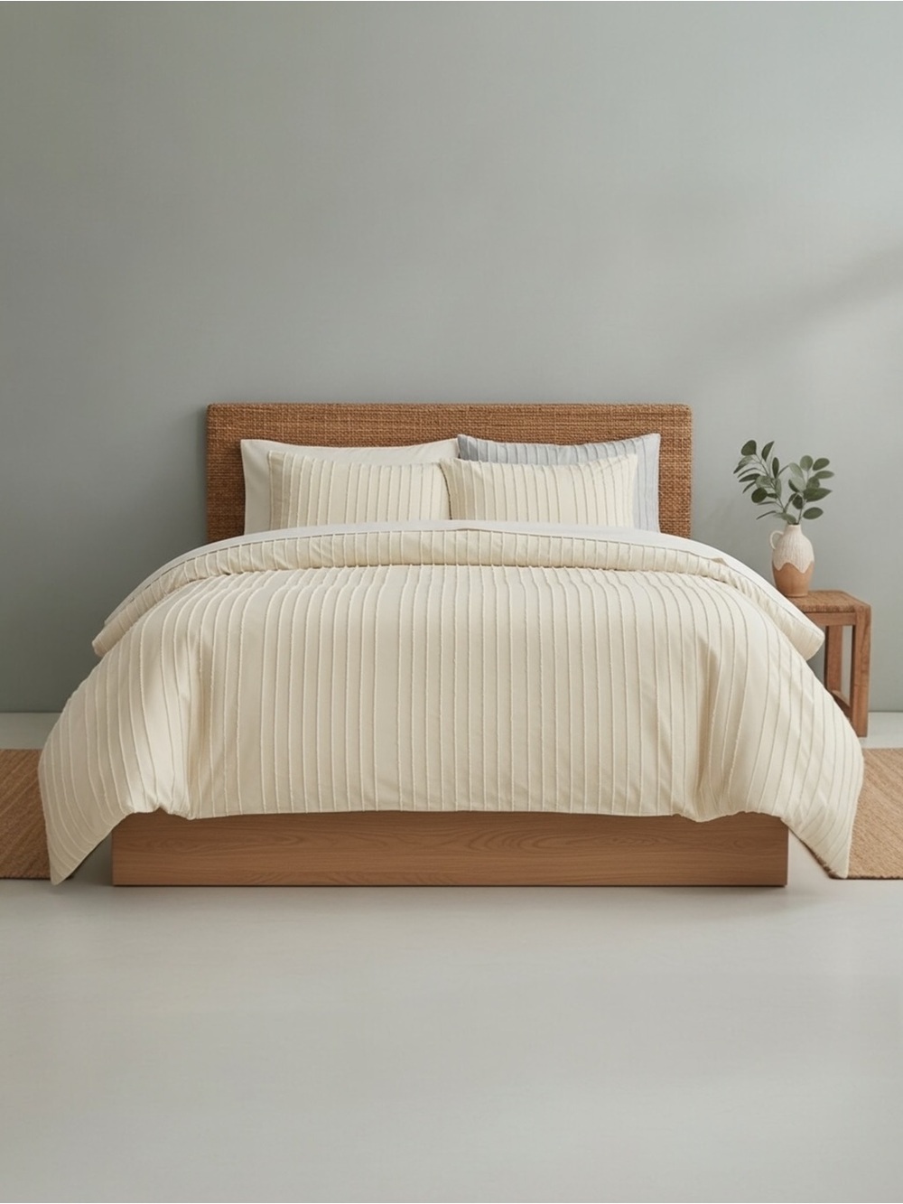 NEW West Elm Beige Cream Boho Queen Size Tufted Fringe Bedding Duvet & Sham Set